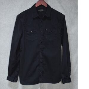 AllSaints Mens Medium Black Western Snap Button Shirt Dual Pocket Cotton